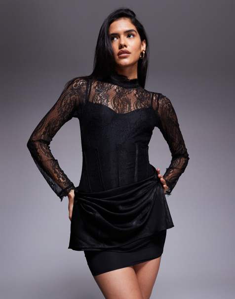 ASOS DESIGN lace long sleeved high neck mini dress with drape overlay skirt in black