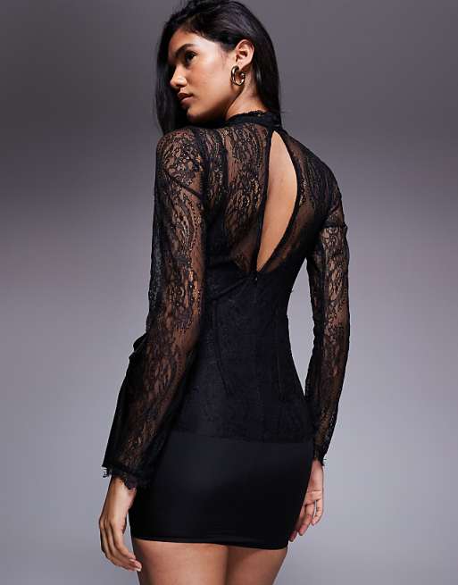 high neck mini dress long sleeve terne Turtleneck | Black | Size S Fabric is very stretchy ASOS DESIGN lace long sleeved
