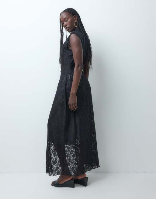 ASOS DESIGN lace mandarin trim long top in black, 2 of 8
