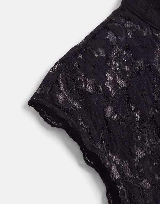 ASOS DESIGN lace mandarin trim long top in black, 7 of 8