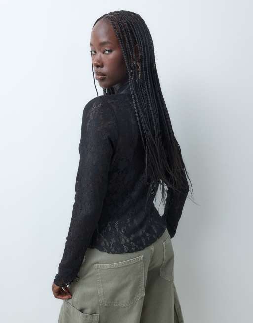 ASOS DESIGN lace mandarin trim top with long sleeves in black - part of a set, 3 of 8
