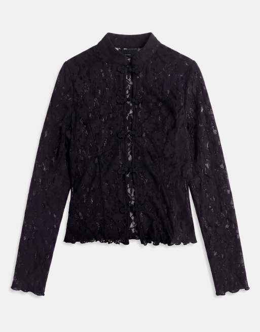 ASOS DESIGN lace mandarin trim top with long sleeves in black - part of a set, 5 of 8