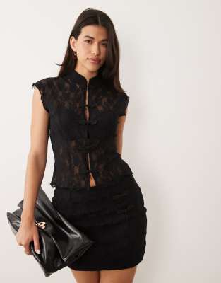 Asos Design Lace Mandarin Vest In Black