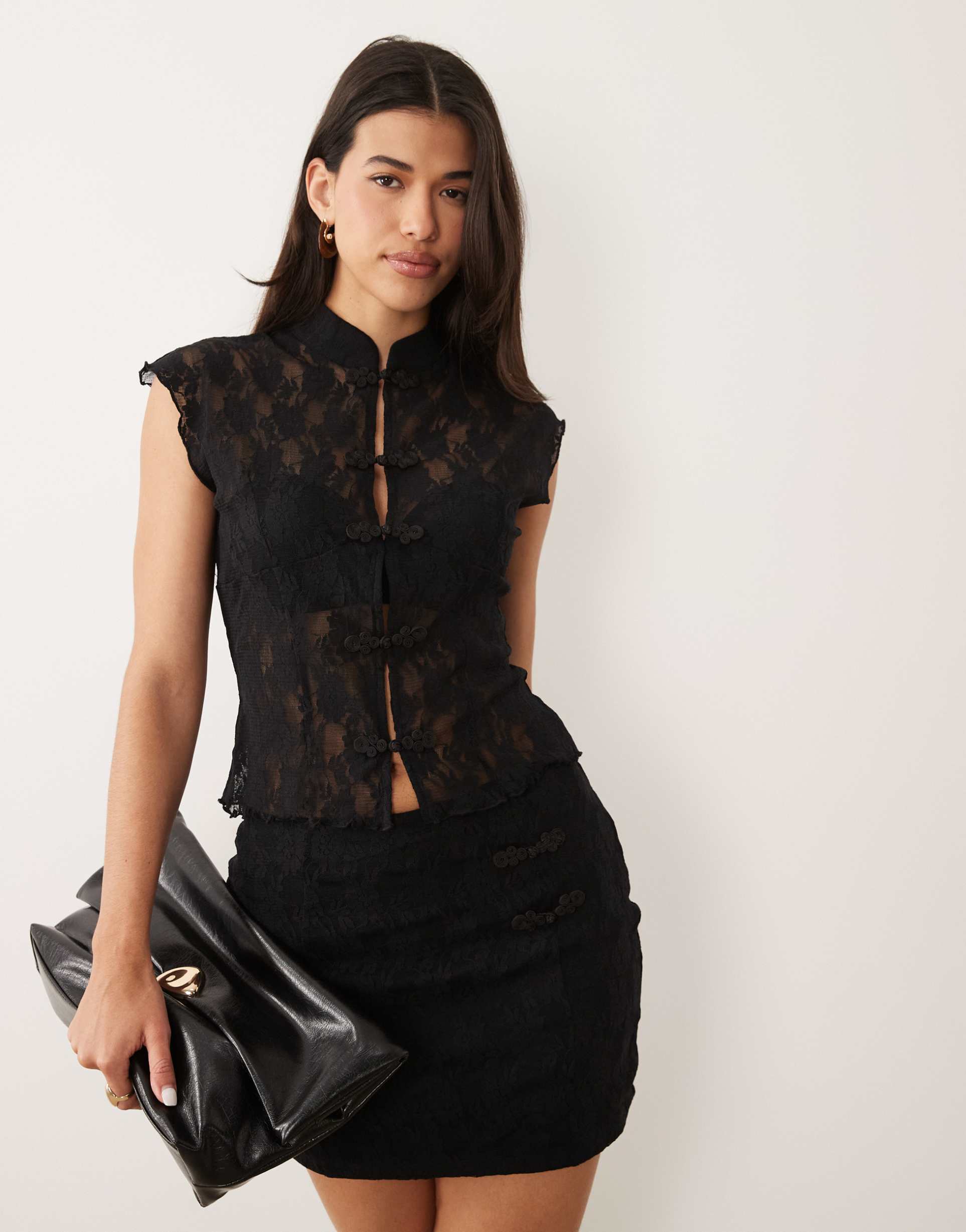 asos design lace mandarin vest in black - part of a set