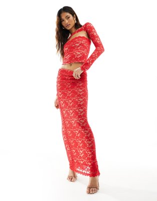 Asos Design Lace Maxi Column Skirt In Red