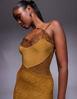 Asos Design Lace Maxi Dress With Asymmetric Strapping In Brown