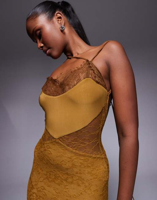 ASOS DESIGN lace maxi dress with asymmetric strapping in bronze
