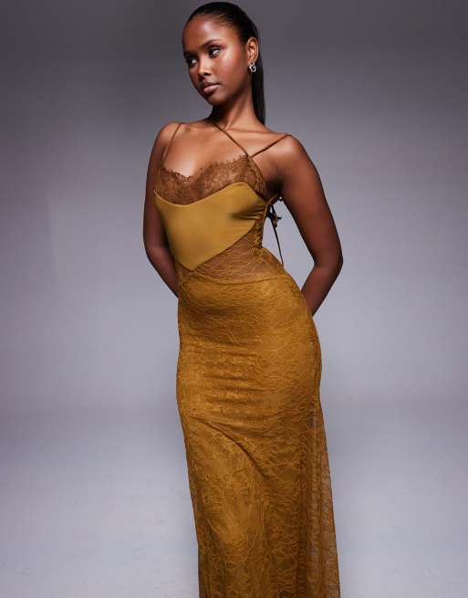ASOS DESIGN lace maxi dress with asymmetric strapping in bronze