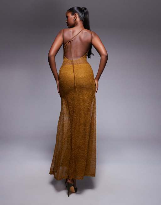 ASOS DESIGN lace maxi dress with asymmetric strapping in bronze