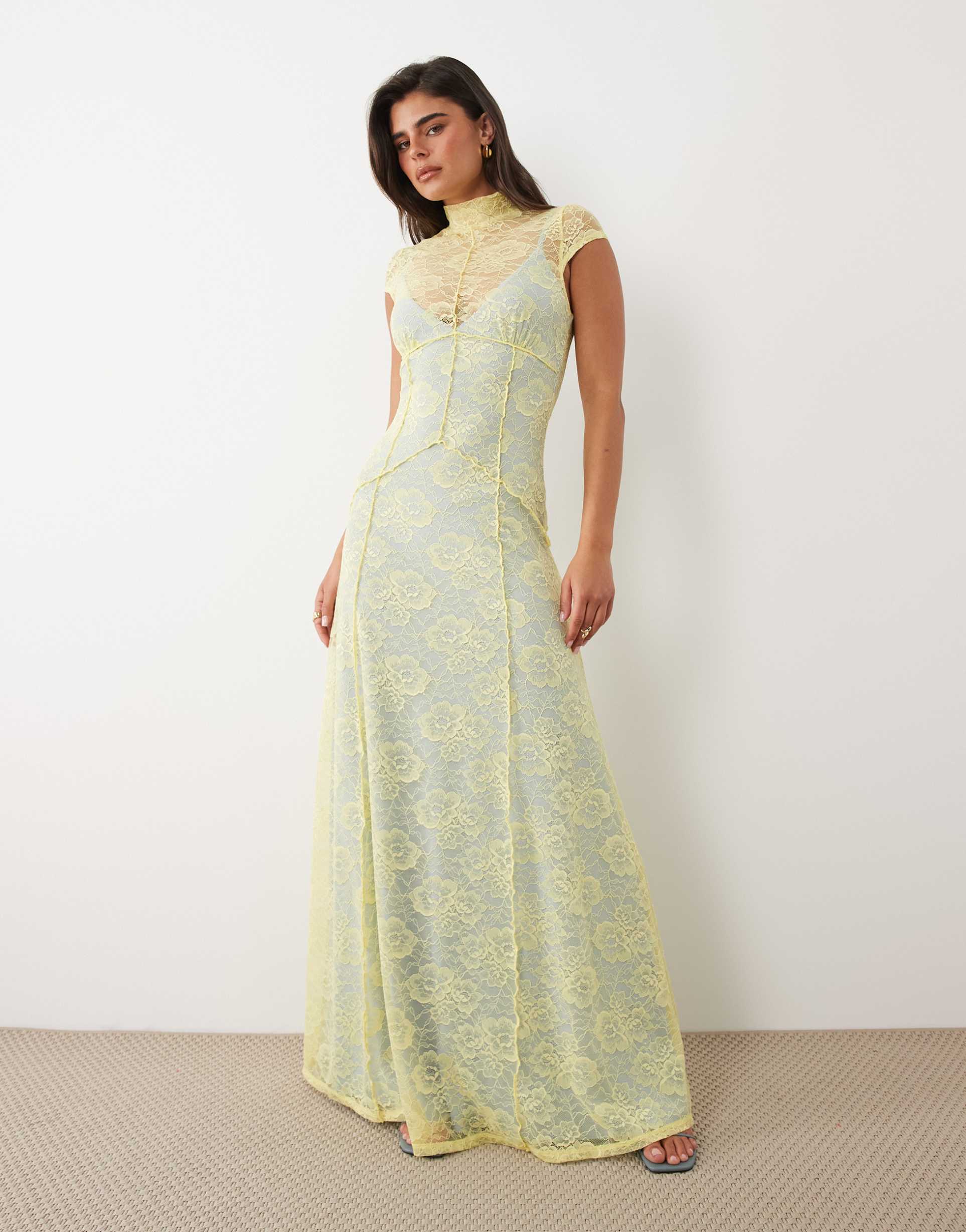 asos design lace maxi dress with contrast lining in lemon