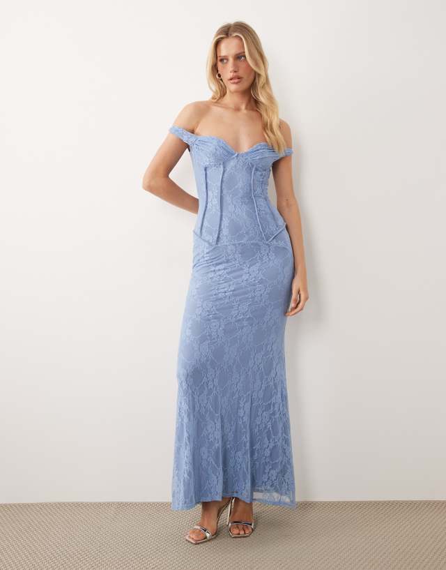 ASOS DESIGN lace maxi dress with exposed seaming detail and twist straps in baby blue
