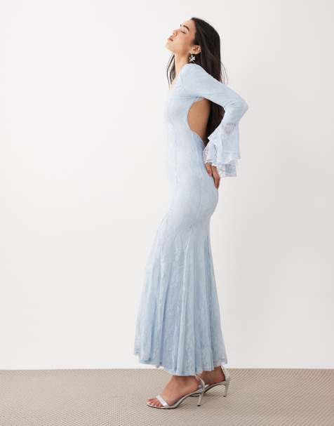 ASOS DESIGN lace maxi dress with godet inserts and flute sleeve in blue