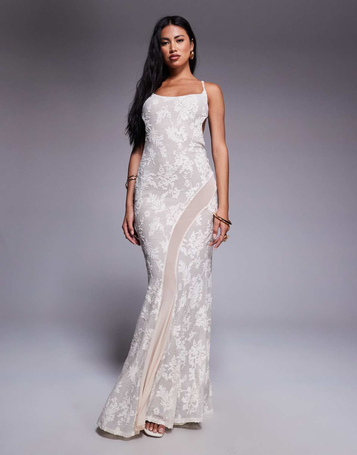 ASOS DESIGN lace maxi dress with mesh insert in chocolate