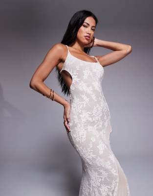 Asos Design Lace Maxi Dress With Mesh Insert In White