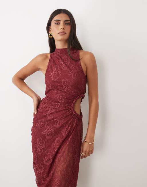ASOS DESIGN lace maxi dress with ruched cut out detail in berry, 2 of 4