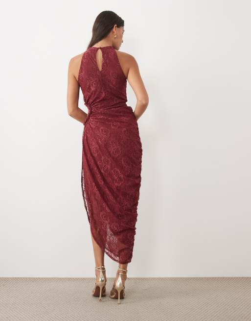 ASOS DESIGN lace maxi dress with ruched cut out detail in berry, 3 of 4