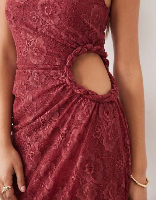 ASOS DESIGN lace maxi dress with ruched cut out detail in berry, 4 of 4