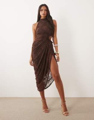 Asos Design Lace Maxi Dress With Ruched Cut Out Detail In Brown