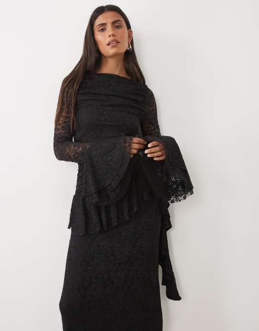 ASOS DESIGN lace maxi dress with ruching and frill details in black, 2 of 4