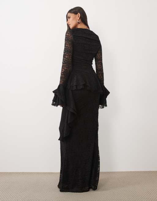 ASOS DESIGN lace maxi dress with ruching and frill details in black, 4 of 4