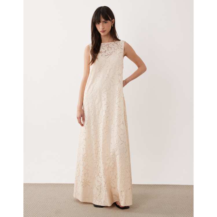 tan lace maxi dress Floral Guipure Lace Puff Sleeve Buttoned Maxi Dress in Light Tan for Resort Vacation & Flower Market brown XL