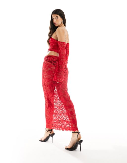 ASOS DESIGN lace maxi skirt co ord in red