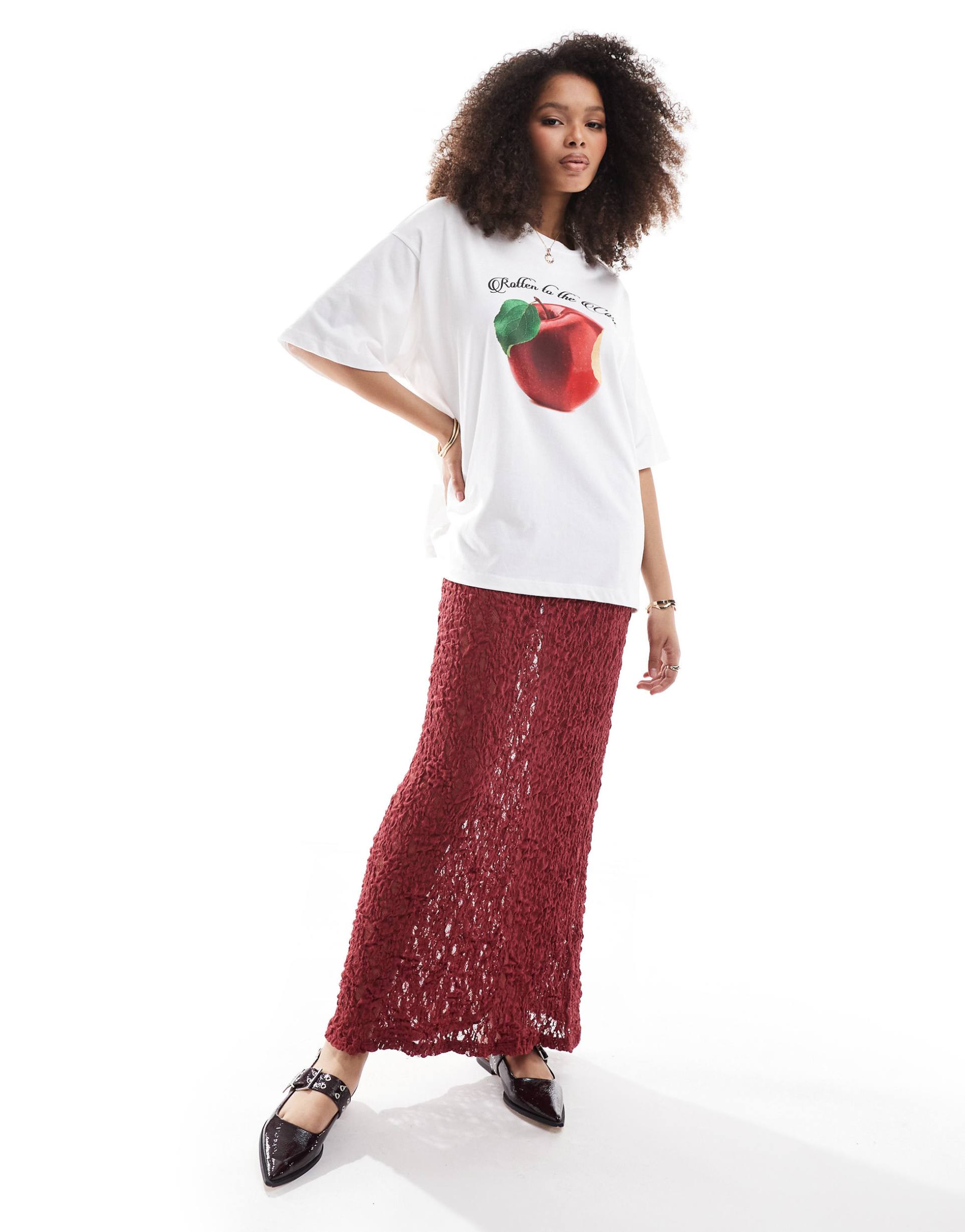 asos design lace maxi skirt in wine