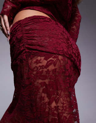 Asos Design Lace Maxi Skirt With Fold Over Waist Detail In Burgundy