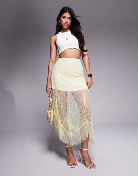 ASOS DESIGN lace maxi skirt with mini lining in yellow - view 1