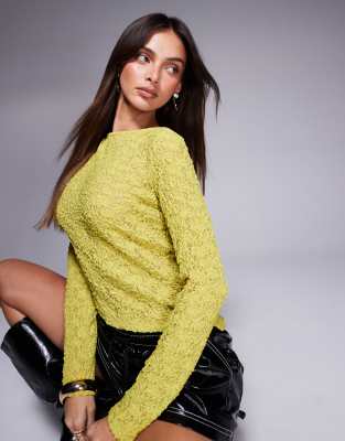 Asos Design Long Sleeve Floaty Lace Top In Lime-green