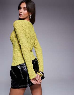 Asos Design Long Sleeve Floaty Lace Top In Lime-green In Green