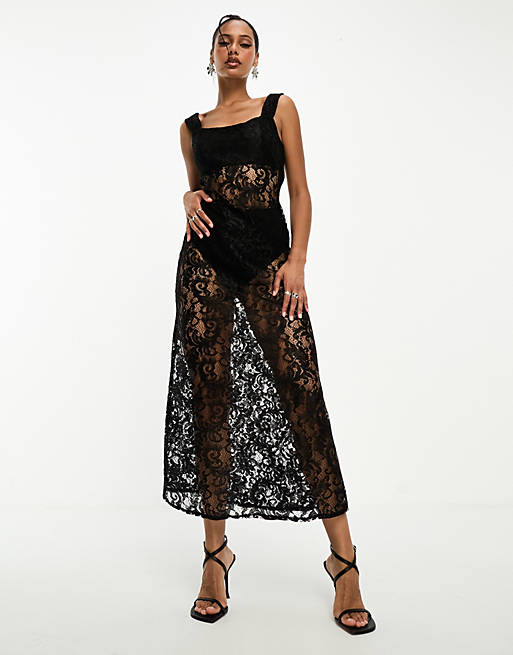 ASOS DESIGN lace midaxi dress with bra and pant insert in black