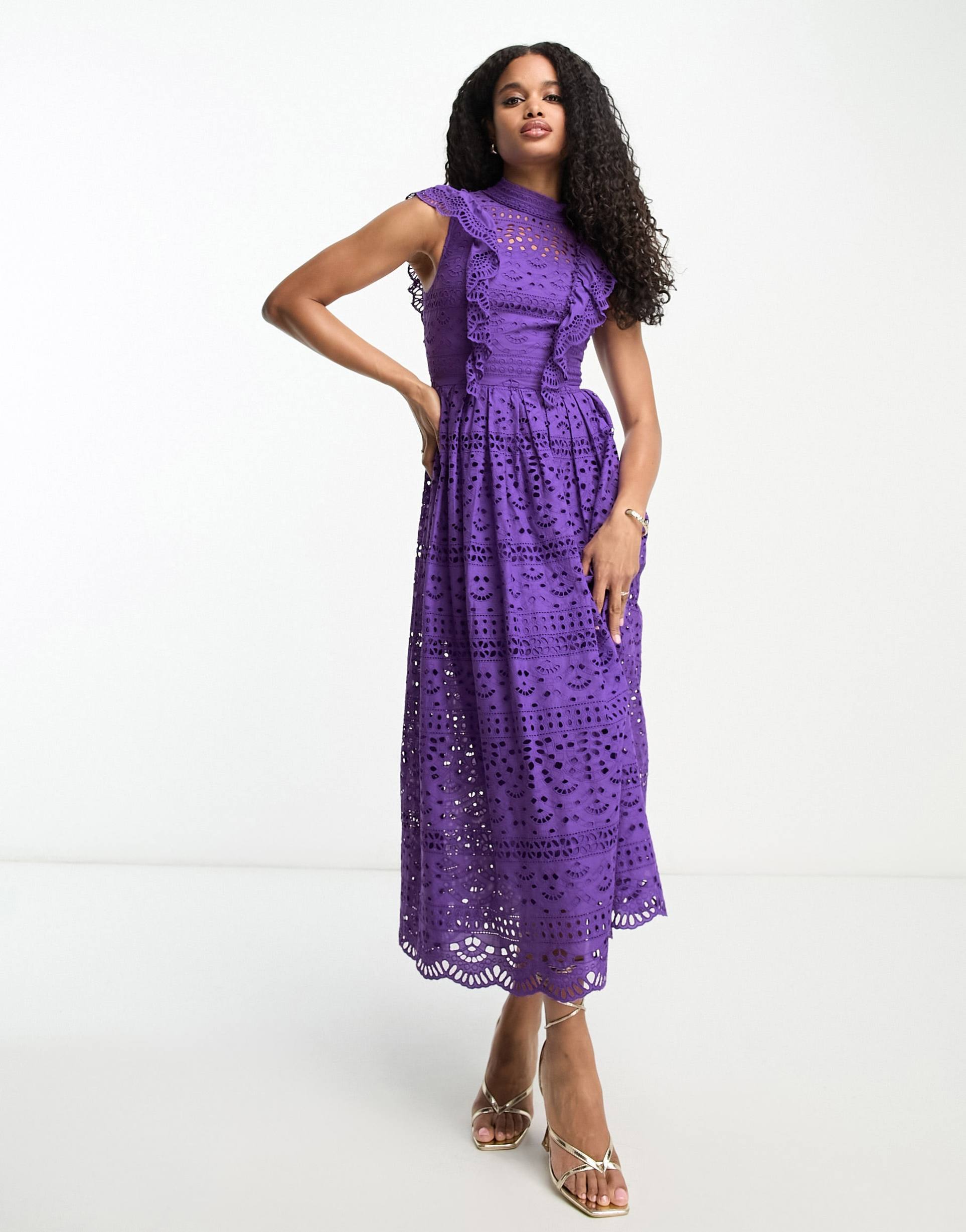 asos design lace midi dress with bow back detail in purple