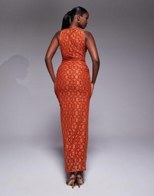 Asos Design Lace Midi Dress With Cowl Draped Skirt And Mesh Cut Outs In Orange