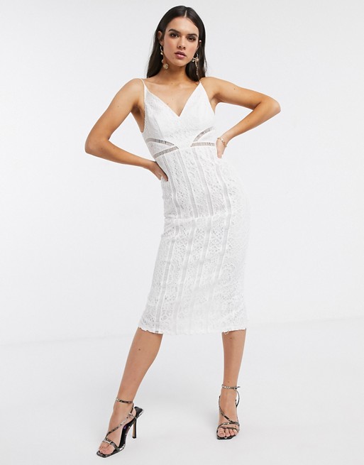 ASOS DESIGN lace midi dress with ladder trim detail in white