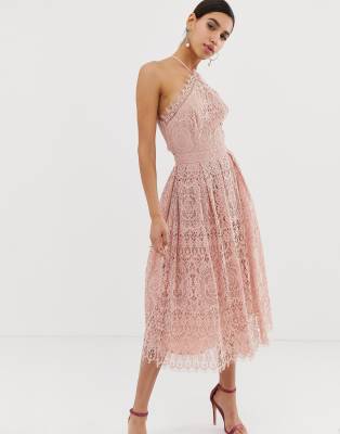 peach lace midi dress