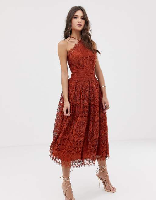 ASOS DESIGN lace midi dress with pinny bodice | ASOS