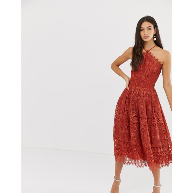 Asos red best sale lace midi dress