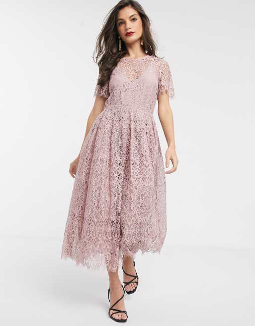 ASOS DESIGN lace midi dress with ribbon tie and open back in soft rose