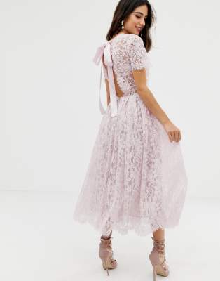 asos design lace midi dress with ribbon tie and open back