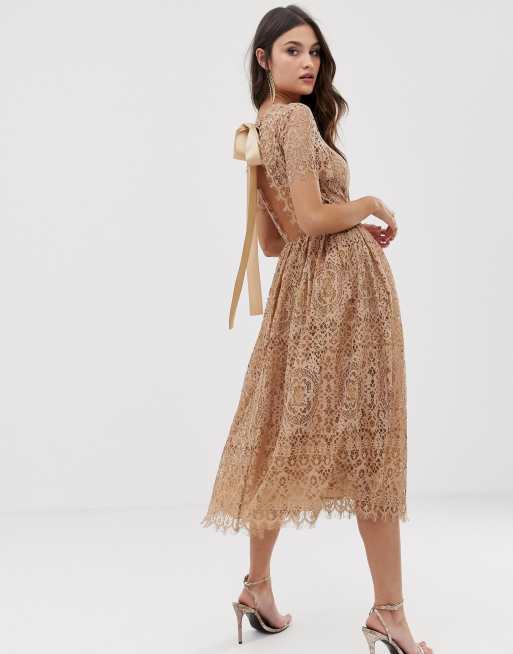 ASOS DESIGN lace midi dress with ribbon tie and open back