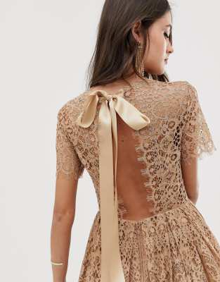 bow tie open back embroidered lace dress