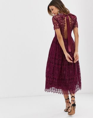 asos design lace midi dress with ribbon tie and open back
