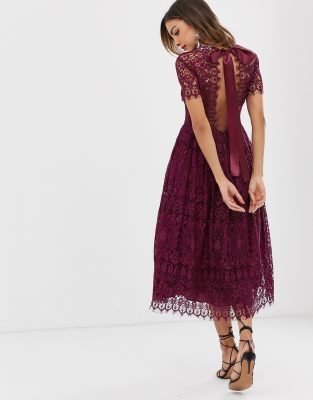 asos design lace midi dress with ribbon tie and open back