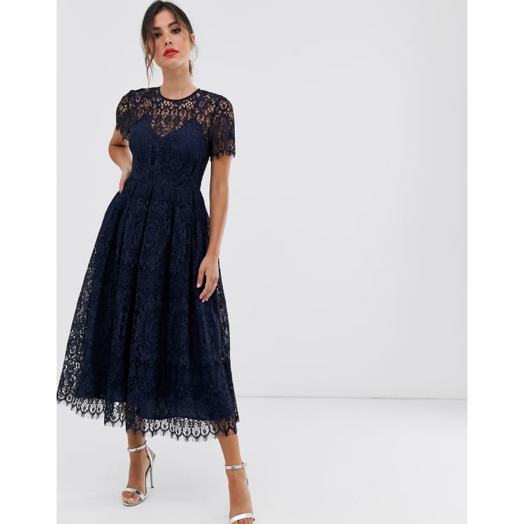 ASOS DESIGN lace midi dress with ribbon tie and open back ASOS