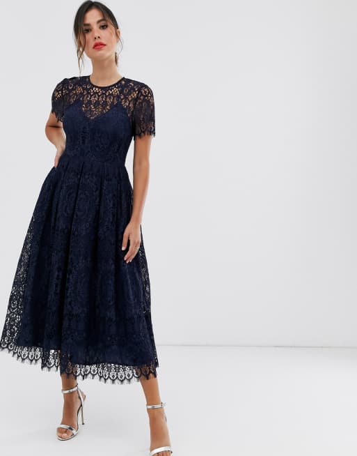 ASOS DESIGN lace midi dress with ribbon tie and open back ASOS