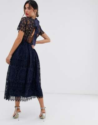 asos design lace midi dress with ribbon tie and open back