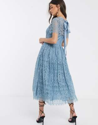 asos design lace midi dress with ribbon tie and open back