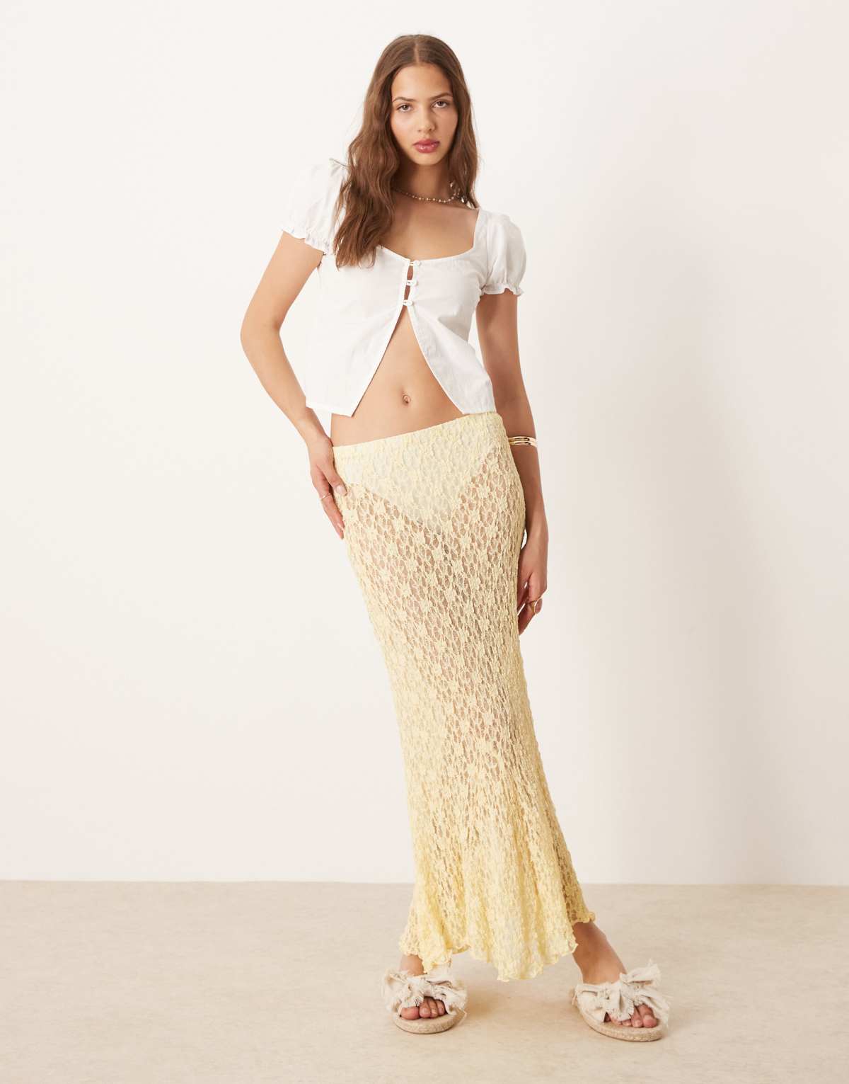 ASOS DESIGN lace midi skirt with godet hem in buttermilk
