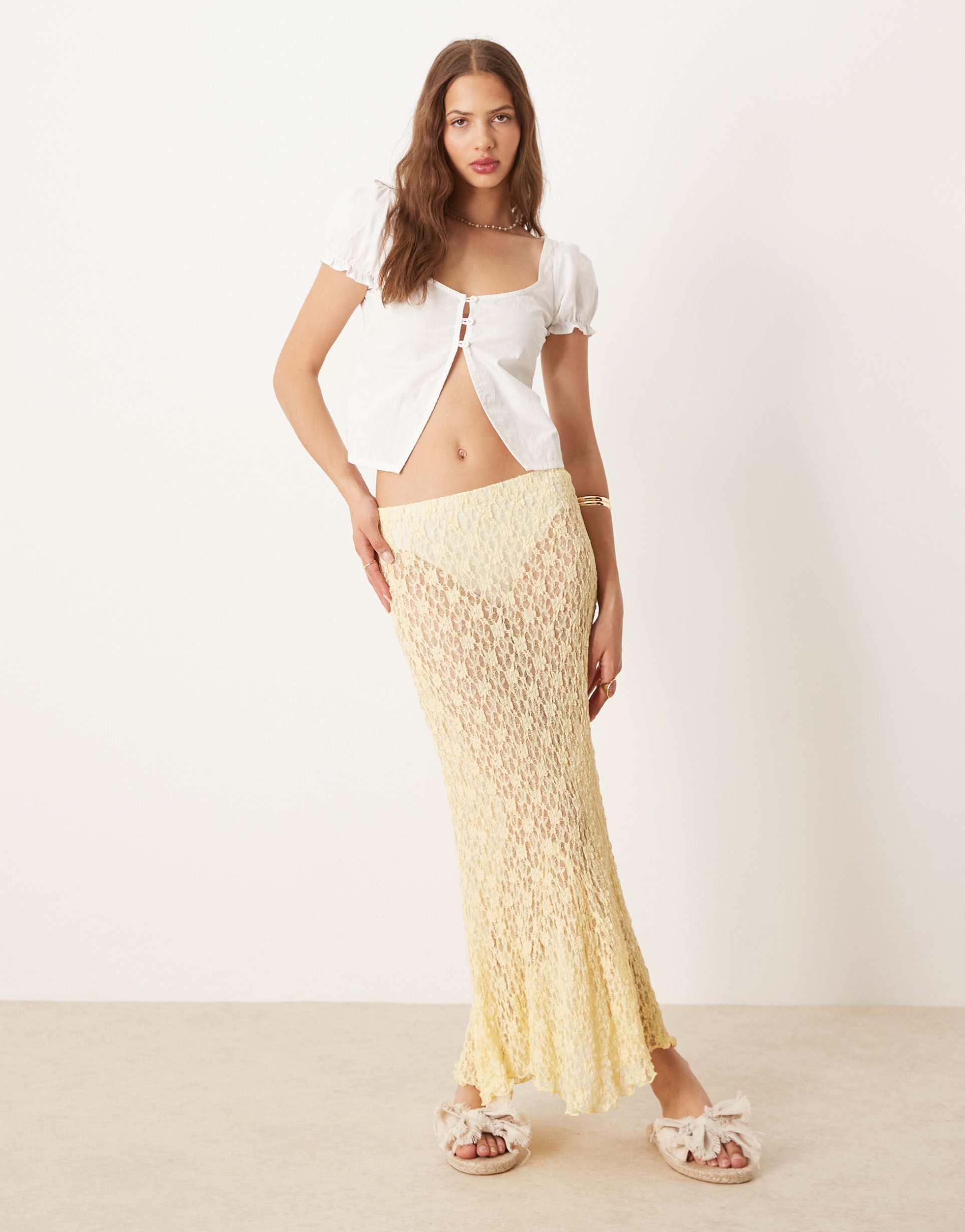 asos design lace midi skirt with godet hem in buttermilk